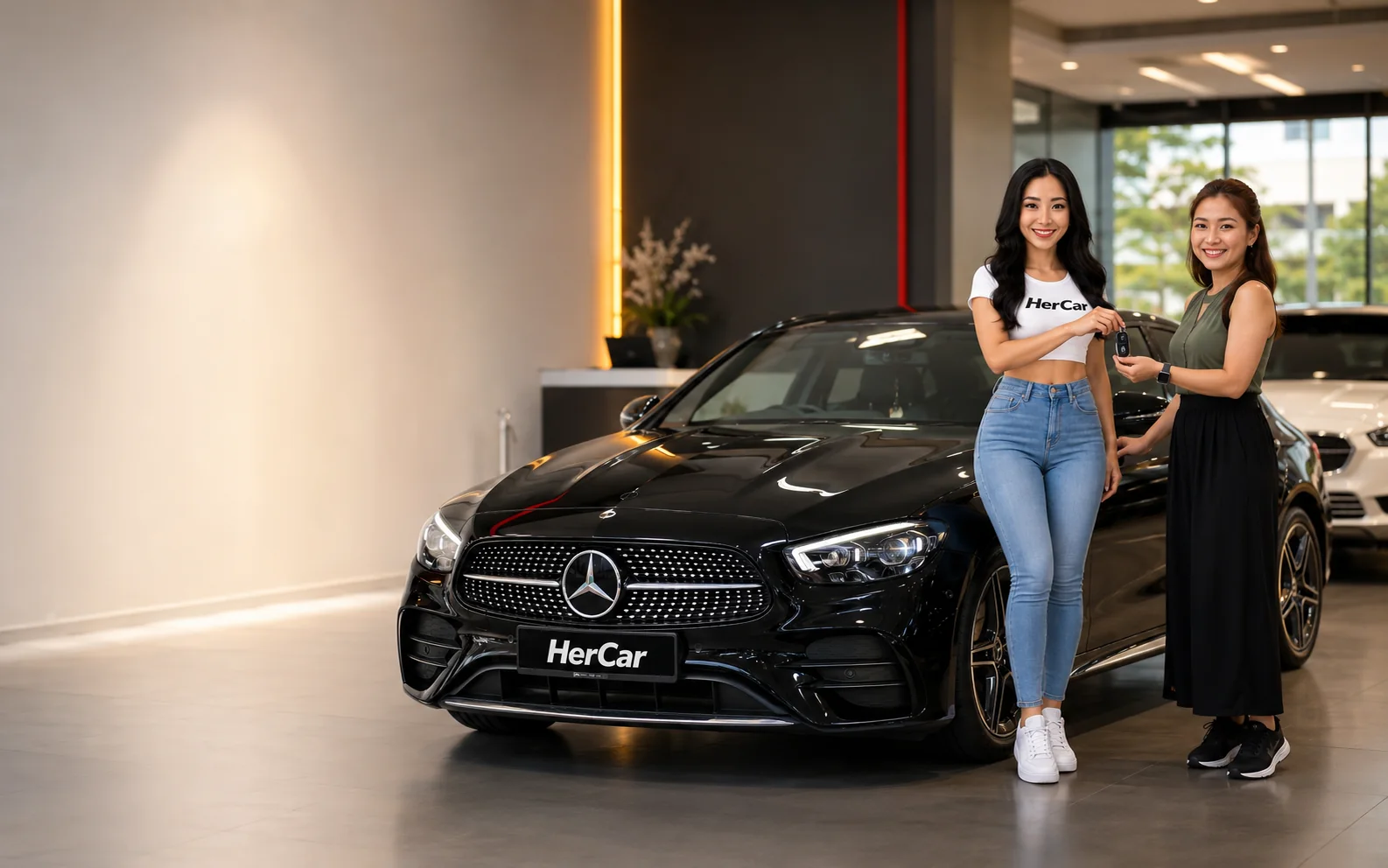 HerCar assisting a seller beside a black Mercedes-Benz